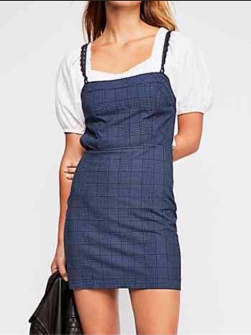 FP Free People Intimately Blue Plaid Square-Neck Apron Style Mini Dress